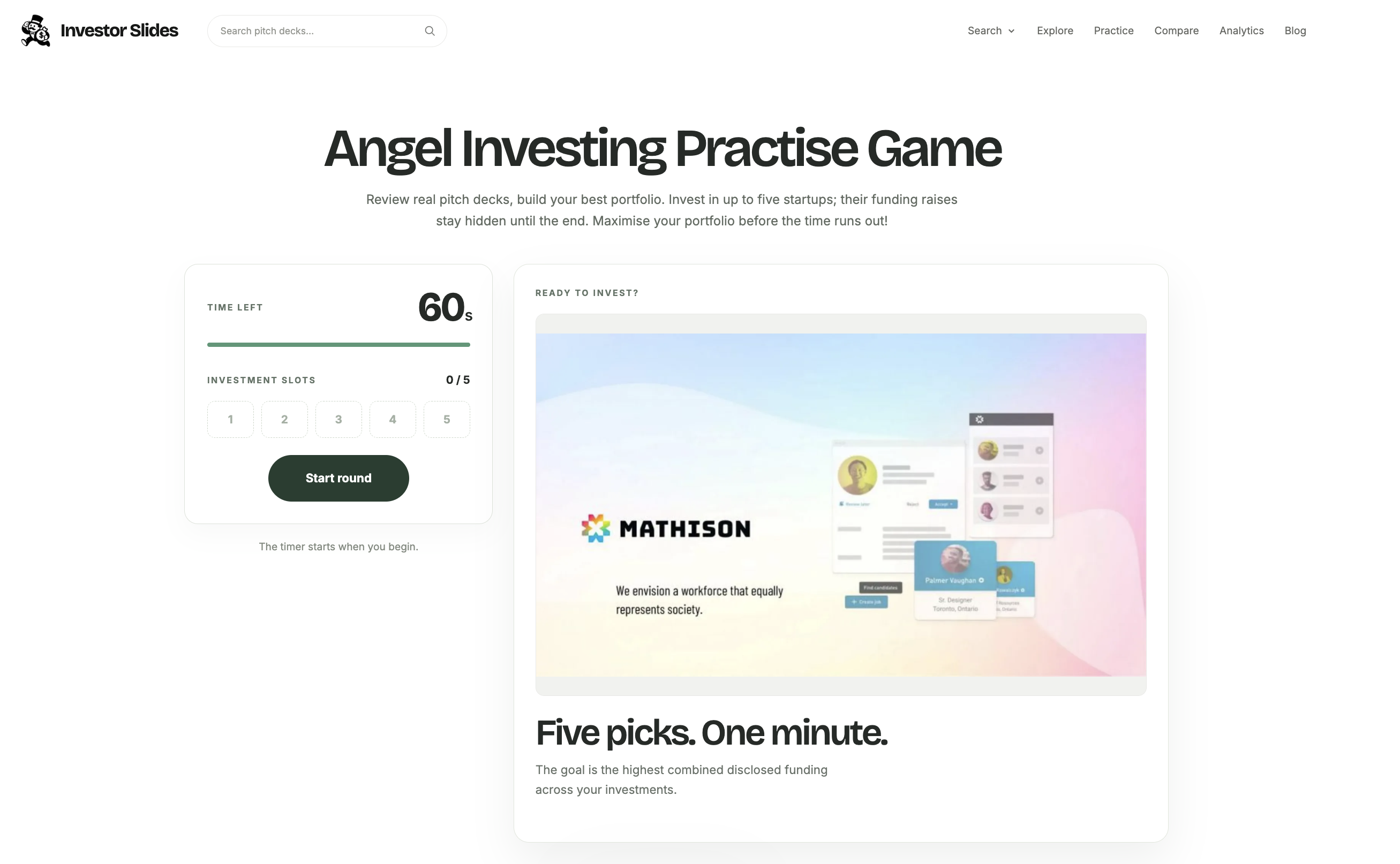 Investor Slides practice game before a round begins, showing the 60-second timer, five investment slots, and a pitch deck preview.